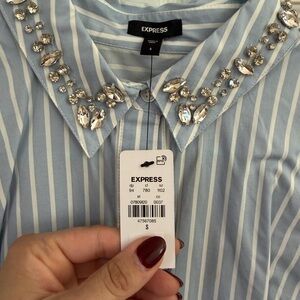 Express Light Blue Striped Crystal Collar dress